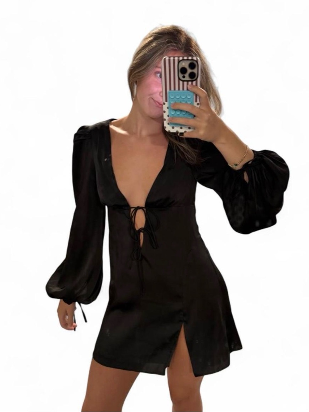 NWT Oh Polly Women’s size 6 Black Satin Long-sleeve Mini Dress with Tie Detail